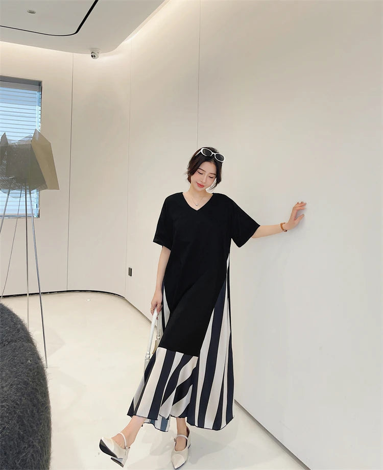 Vestidos Robe Elbise Loose Plus Size Patchwork Silk Velvet Stripe Long Dress