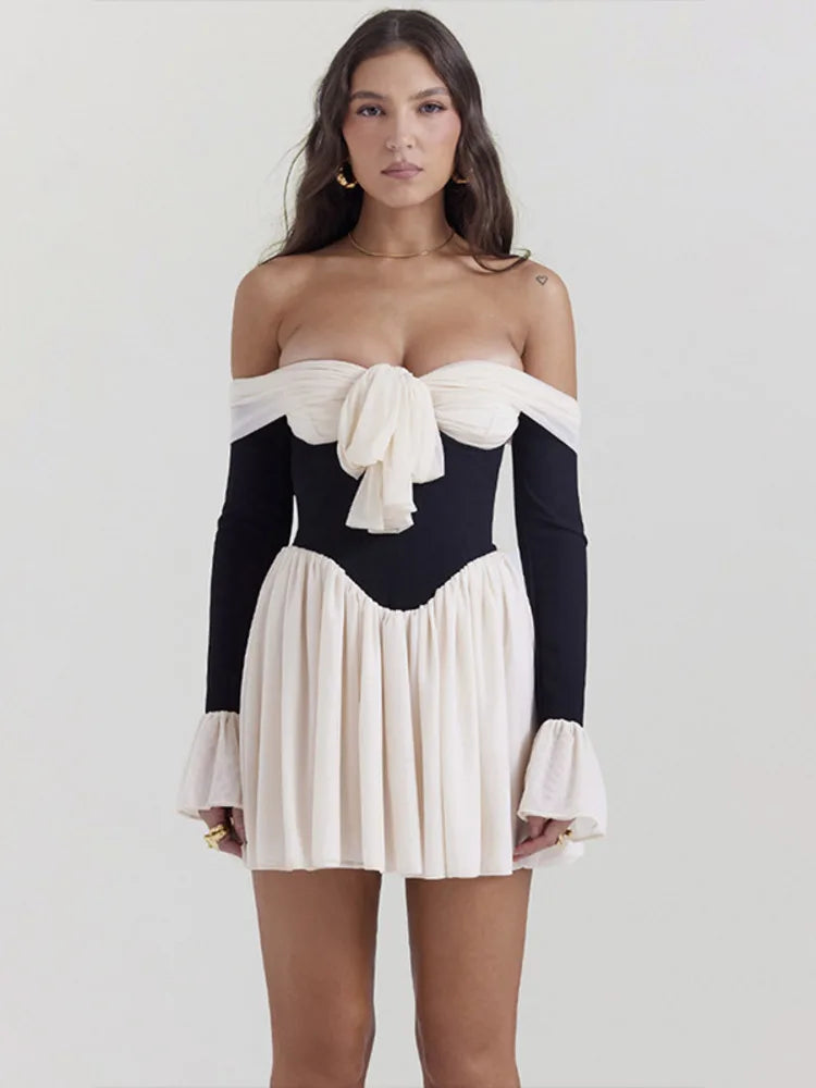 Elegant Strapless Backless Sexy Mini Dress For Women New Off-shoulder Long Flare Sleeve Pleated Club Party Dress