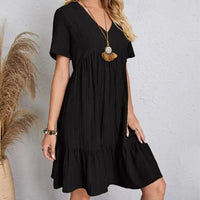 Women Summer Peplum Dresses V-Neck Short Sleeve Loose Waist Ruffle Fit Flare
