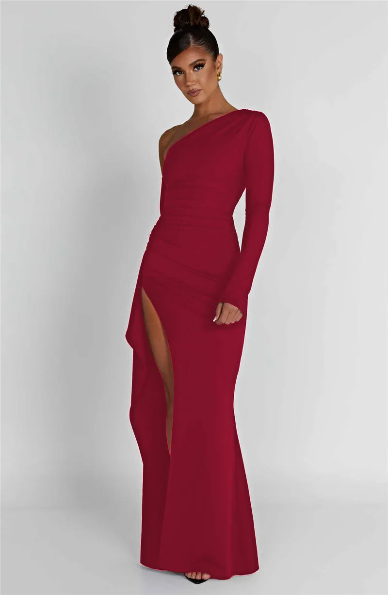 Oblique Shoulder Thigh High Split Maxi Dress Women Long Sleeve Backless Bodycon Sexy Club Party Long Dress Vestidos