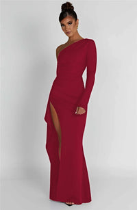 Oblique Shoulder Thigh High Split Maxi Dress Women Long Sleeve Backless Bodycon Sexy Club Party Long Dress Vestidos