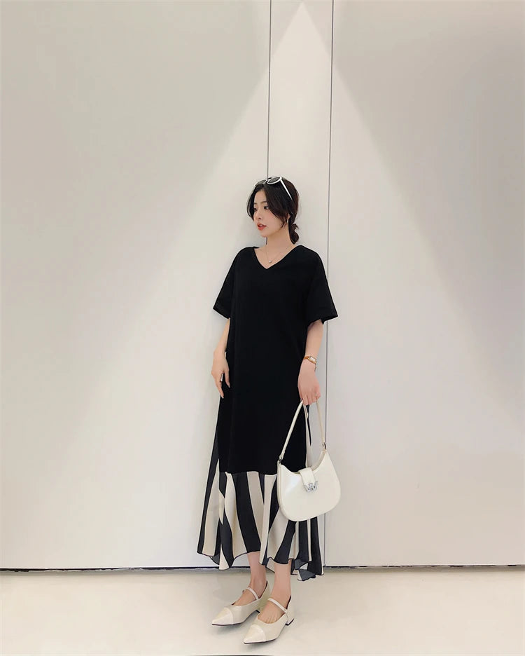 Vestidos Robe Elbise Loose Plus Size Patchwork Silk Velvet Stripe Long Dress