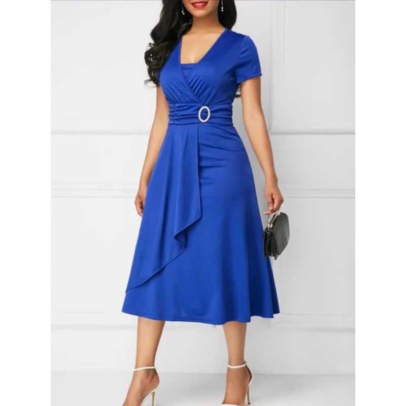 Elegant V-neck Plus Size Ruched High Waist Midi Dress Vestidos