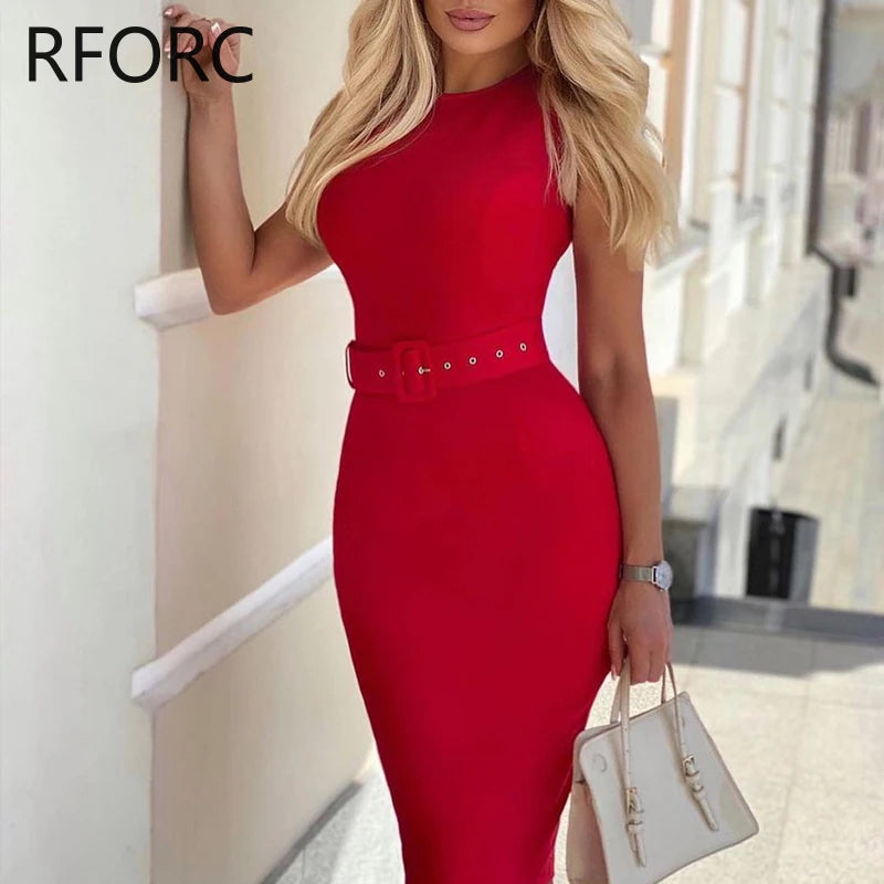 Women Solid Sleeveless with Belts Midi Bodycon Formal Party Red Dress