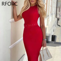Women Solid Sleeveless with Belts Midi Bodycon Formal Party Red Dress