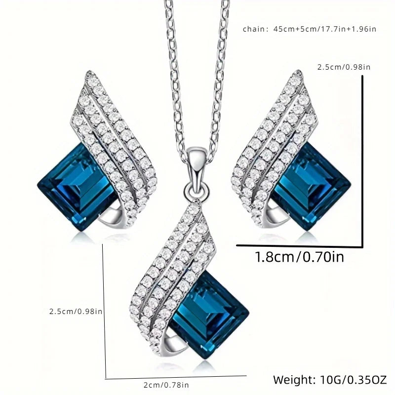 3pcs/set Shining Angel Wings Blue Crystal Pendant Necklace Earrings SetBirthday GiftsAnniversary Party Gifts Jewelry Niche Style