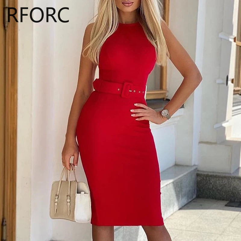 Women Solid Sleeveless with Belts Midi Bodycon Formal Party Red Dress