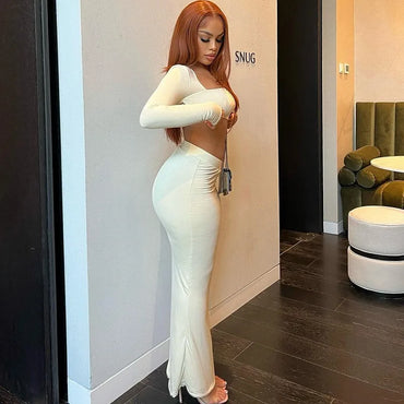 Two Piece Set Women Crop Top Long Sleeve Strapless Elegant Maxi Skirt Bodycon Sexy Streetwear Female Matching Skirts Set
