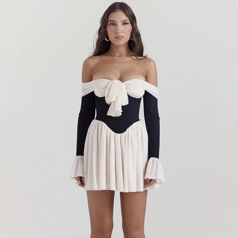 Elegant Strapless Backless Sexy Mini Dress For Women New Off-shoulder Long Flare Sleeve Pleated Club Party Dress