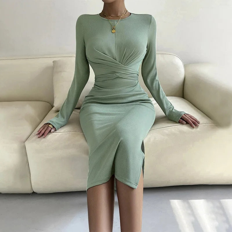 Women's Suit French Dress Professional Long Dress Office Commute Dress Round Neck Slim-fit