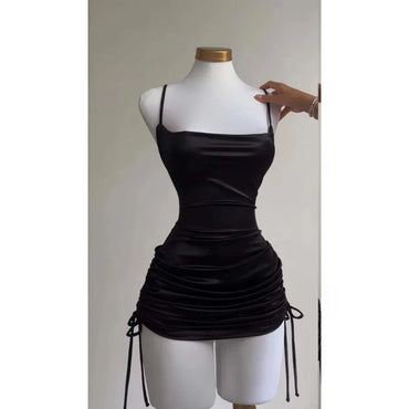 Women's Sexy Satin Lace Up Bodycon Mini Dress, Sleeveless, Backless, Party Club Dresses, Elegant Evening Clothes, Black Robe