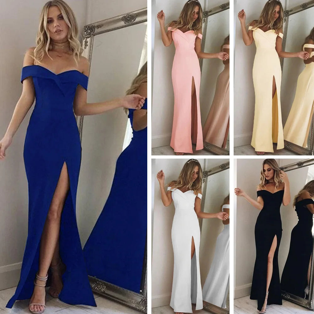 Elegant Dresses Blue Slim Maxi Dress Slash Neck Off Shoulder Dress for Women