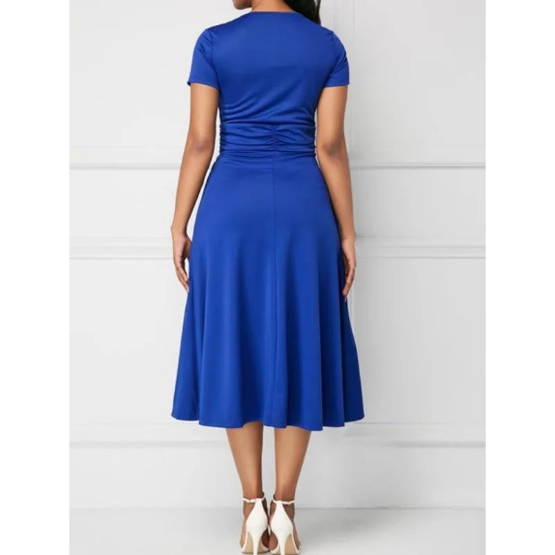 Elegant V-neck Plus Size Ruched High Waist Midi Dress Vestidos