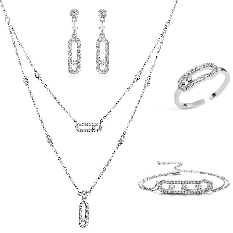 RAKOL Double Layer Geometric Paper Clip Pendant Necklace Earrings For Women Fashion Zircon Ring Bracelet Party Jewelry Set Gifts