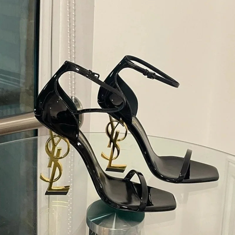 Maillard women's high heels one-piece patent leather square head letter heel