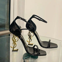 Maillard women's high heels one-piece patent leather square head letter heel