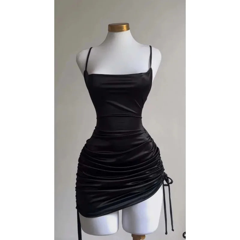 Women's Sexy Satin Lace Up Bodycon Mini Dress, Sleeveless, Backless, Party Club Dresses, Elegant Evening Clothes, Black Robe