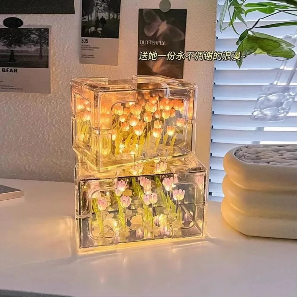 Creative Diy Tulip Flower Sea Cube Three-Dimensional Small Night Lamp Material Package for Girlfriend