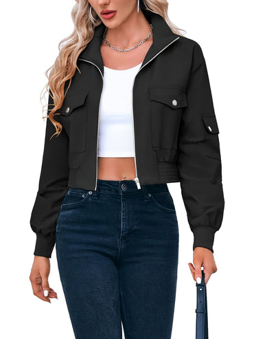 Solid Color Zipper Front Jacket, Casual Lapel Neck Flap Pockets Long Sleeve Button Decor Jacket For Spring & Fall, Women's Clothing