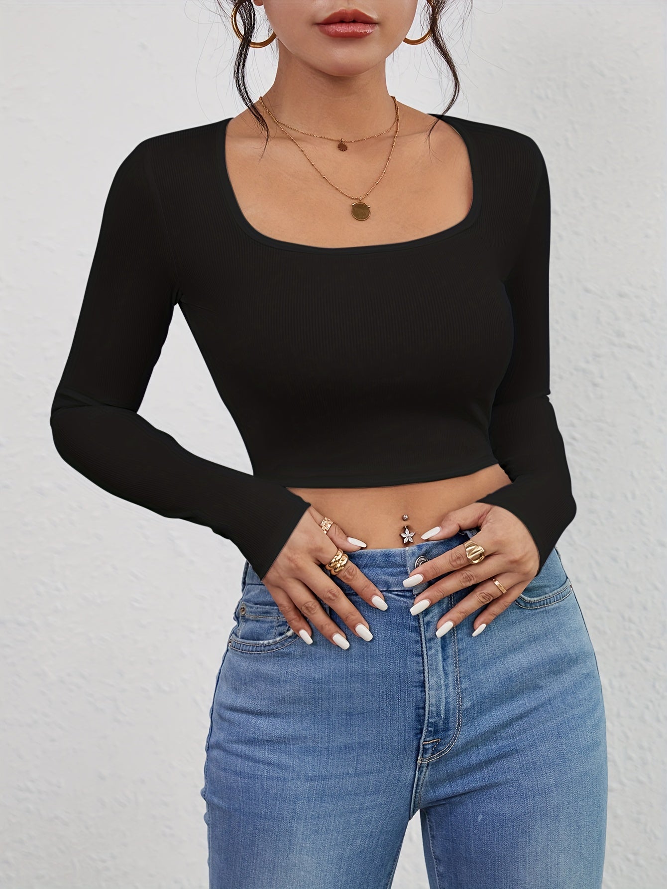 Squared Neck Cropped T-shirt, Casual Long Sleeve Solid T-shirt, Women's Clothing - Veloxea