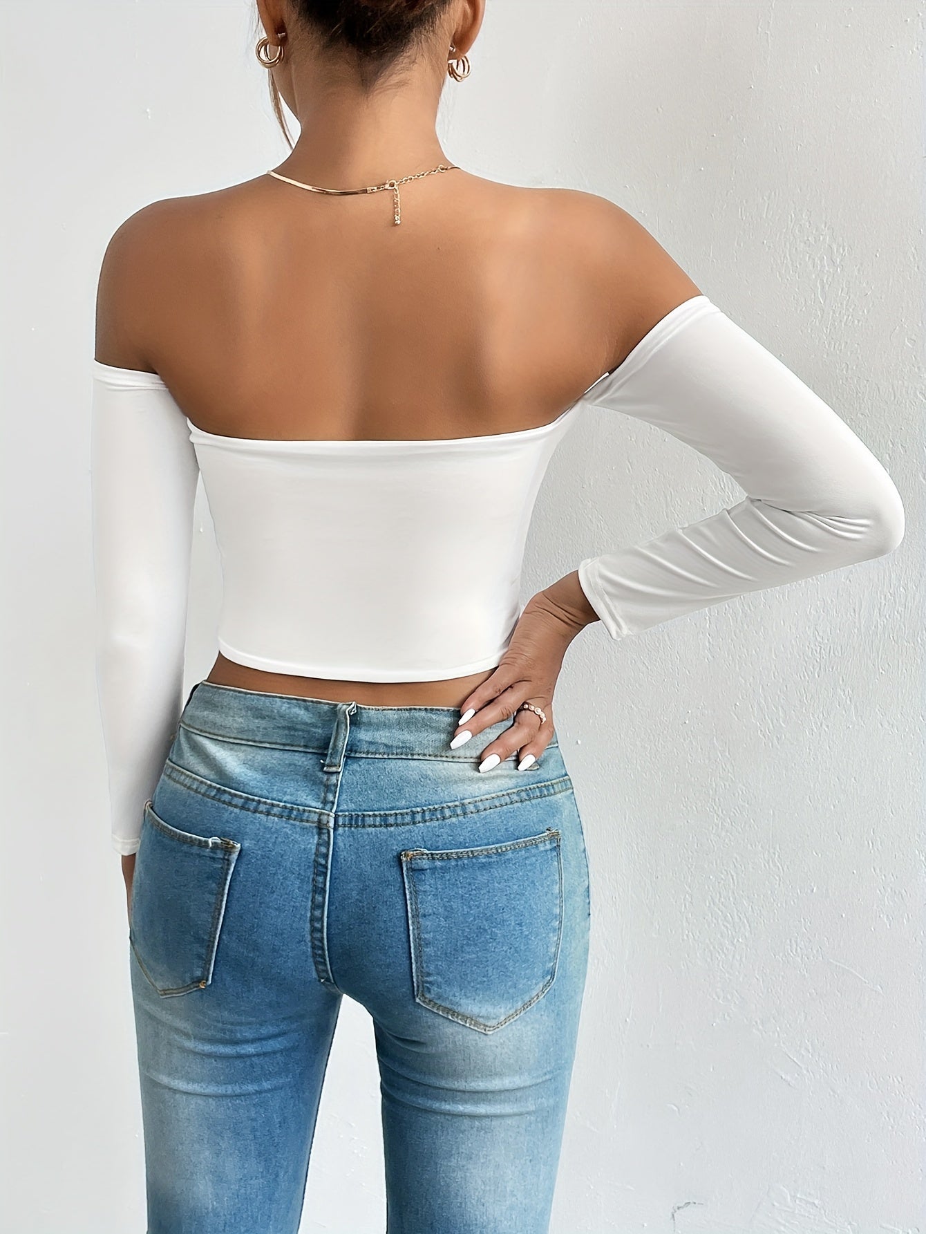 Solid Color Off-shoulder Crop Top, Sexy Long Sleeve Slim Top, Women's Clothing - Veloxea