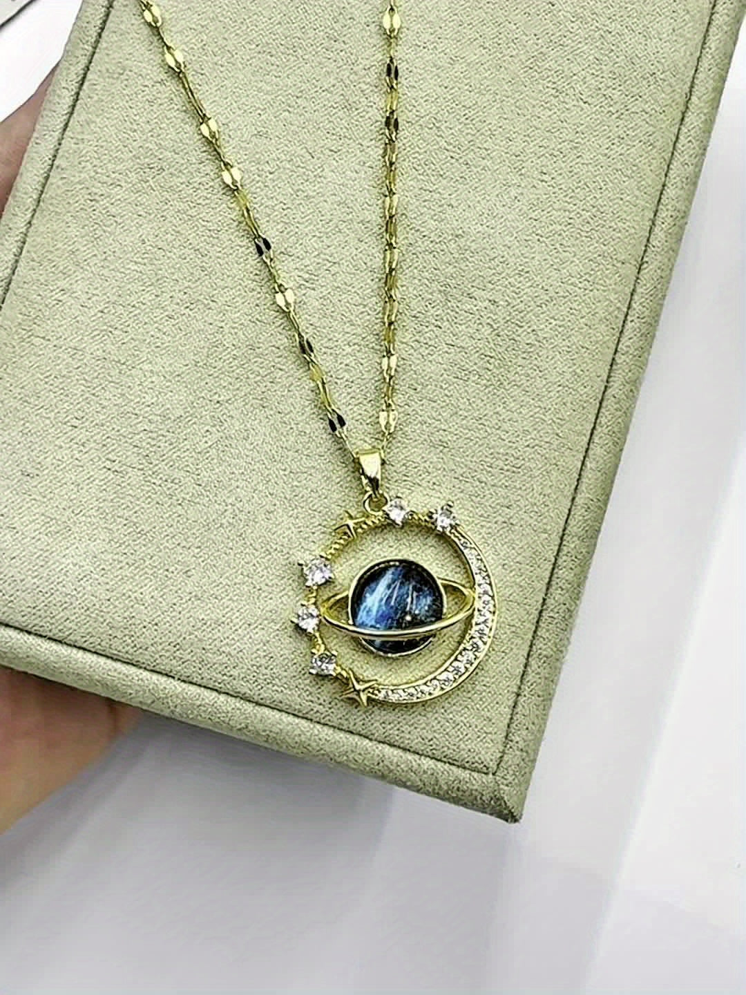 Stainless Steel Zircon Astral Blue Starry Planet Moon Pendant Necklace For Women, Great Christmas Halloween Thanksgiving Day Gift, New Year's Gift, Valentine's Day Gift - Veloxea