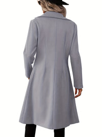 Double-Breasted Lapel Collar Pea Coat, Elegant Mid Length Long Sleeve Outerwear For Fall & Winter, Women's Clothing - Veloxea