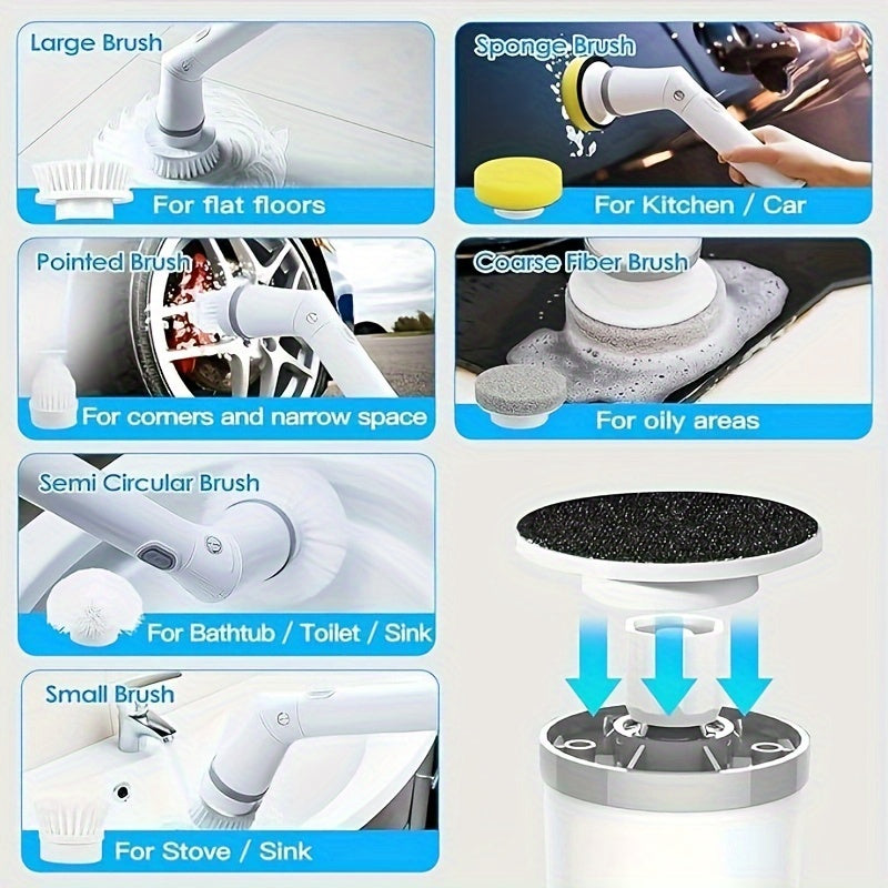 Electric Cleaning Brush, Electric Rotary Floor Scrubber, Wireless Electric Rotary Scrubber, Replaceable 6 Brush Heads And Adjustable Extension - Veloxea