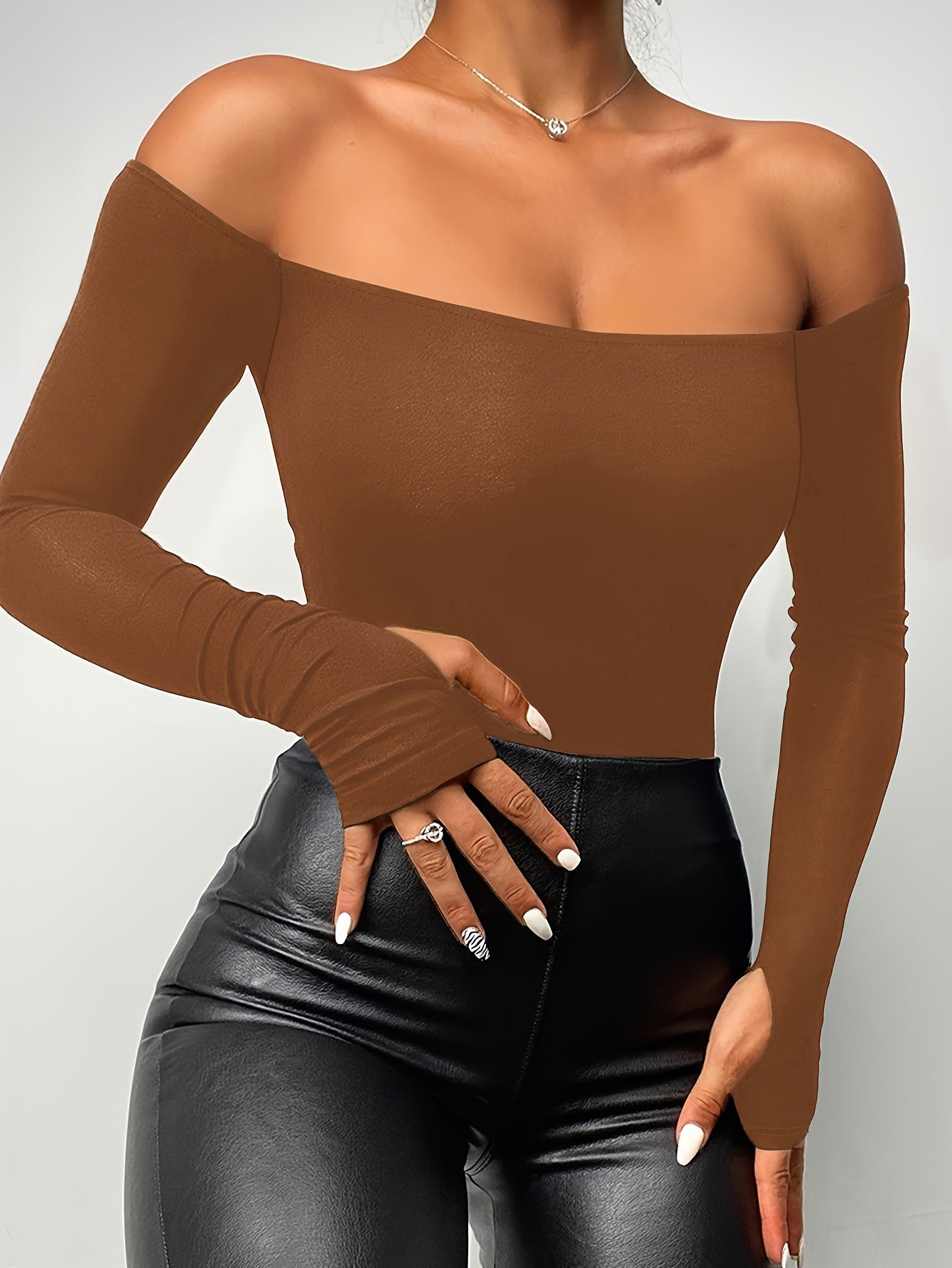 Off Shoulder Solid T-Shirt, Casual Long Sleeve Top For Spring & Fall, Women's Clothing - Veloxea