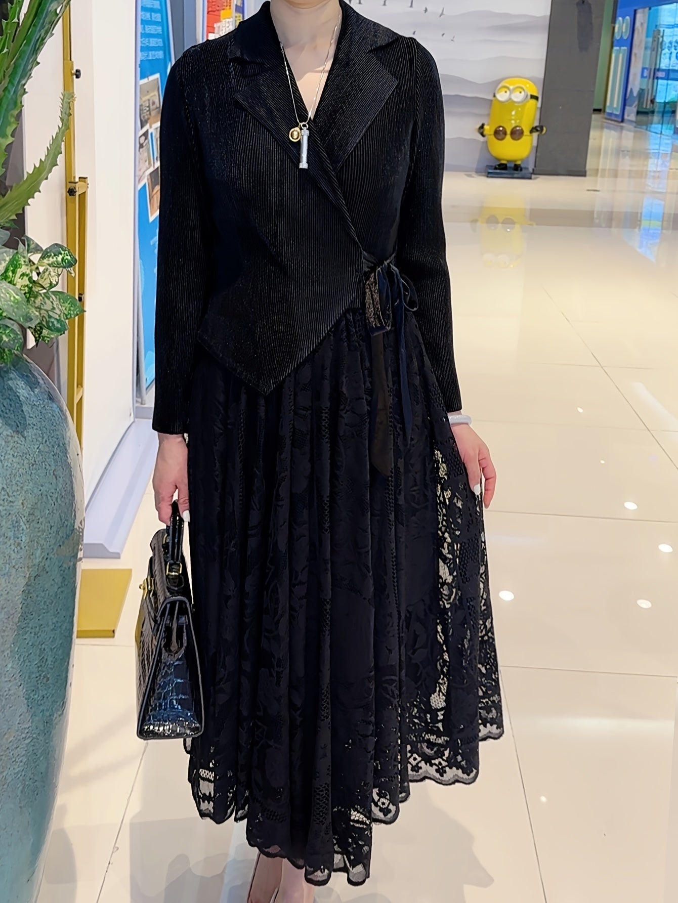 Elegant Plus Size Lace Contrast Midi Dress with Lapel Collar and Long Sleeves - High Stretch Polyester Fabric, Flared Hem