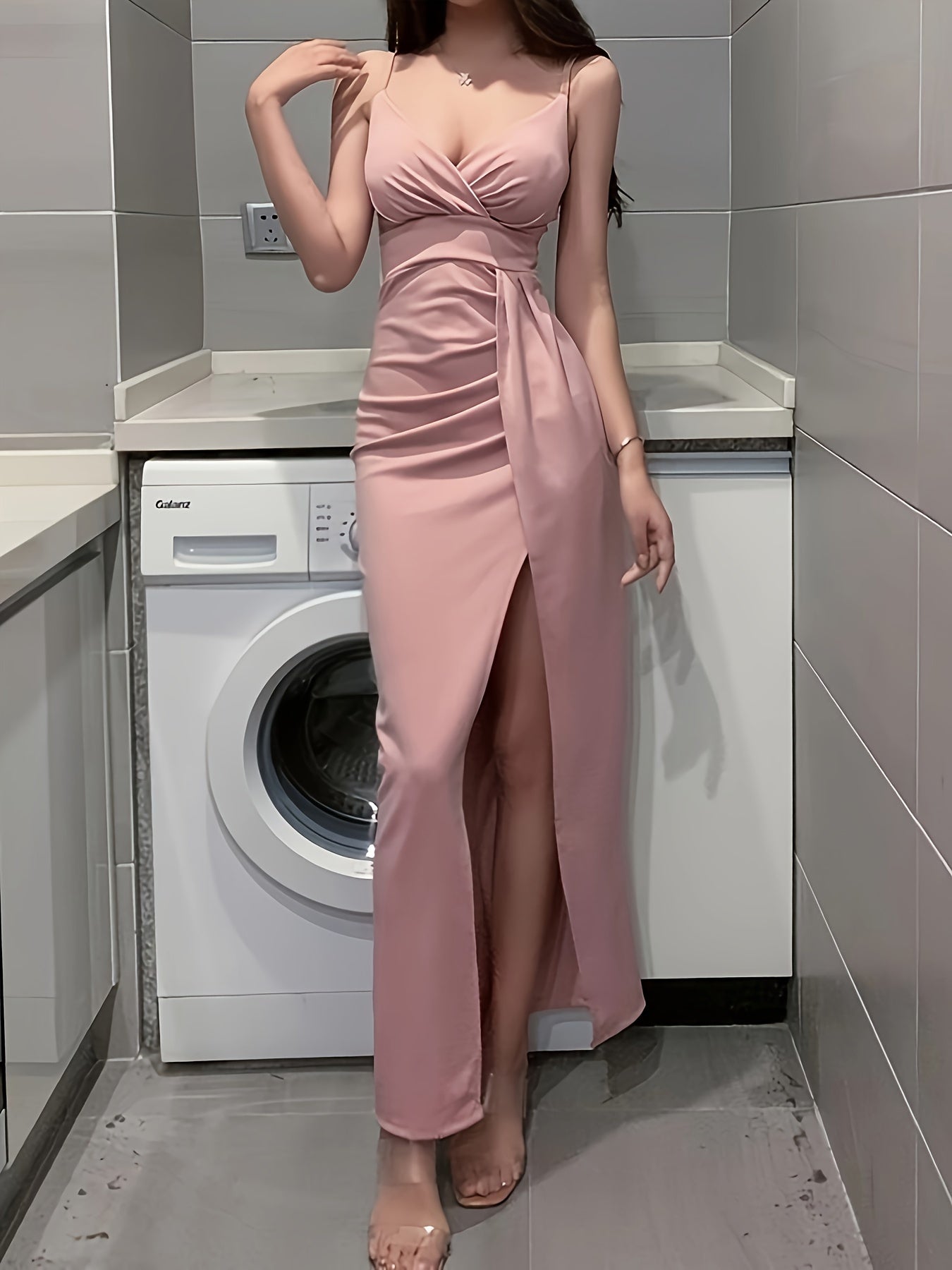 Split Thigh Ruched Bodycon V Neck Dress, Elegant Sleeveless Cami Maxi Dress For Party & Banquet, Women's Clothing