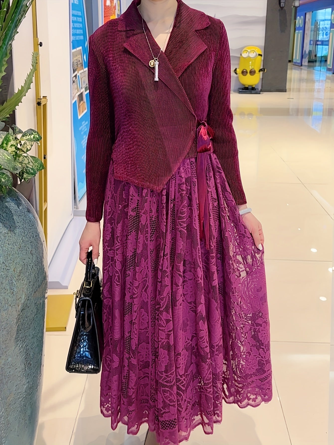 Elegant Plus Size Lace Contrast Midi Dress with Lapel Collar and Long Sleeves - High Stretch Polyester Fabric, Flared Hem