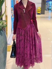 Elegant Plus Size Lace Contrast Midi Dress with Lapel Collar and Long Sleeves - High Stretch Polyester Fabric, Flared Hem