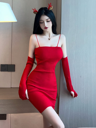 Cami Dress Matching Halfsleeve Knit Fingerless Gloves, Sexy Spaghetti Strap Bodycon Knitted Mini Dress, Women's Clothing