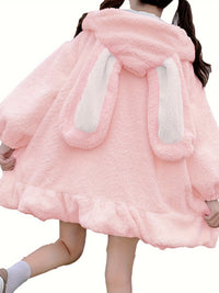 Zipper Front Anime Bunny Ears Hooded Coat, Cute Ruffle Hem Long Sleeve Drawstring Fleece Coat, Women's Clothing