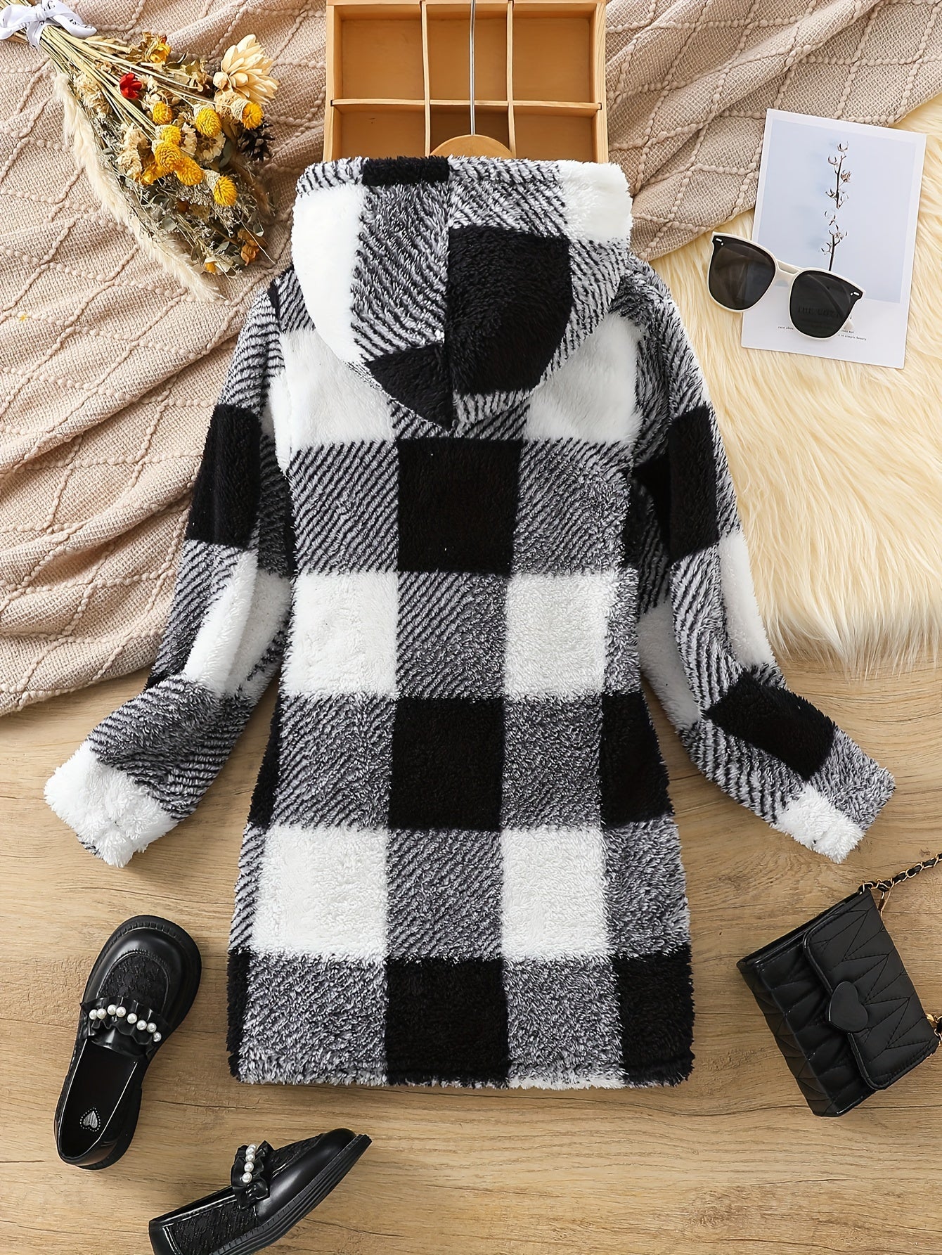 Plaid Long Sleeve Hooded Dress Girls Comfy Dress Fall Winter Christmas Gift - Veloxea