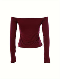 Off Shoulder Solid T-Shirt, Casual Long Sleeve Top For Spring & Fall, Women's Clothing - Veloxea