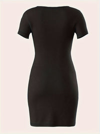 Bodycon Square Neck Dress, Casual Solid Color Short Sleeve Split Hem Dress For Spring & Summer, Women's Clothing