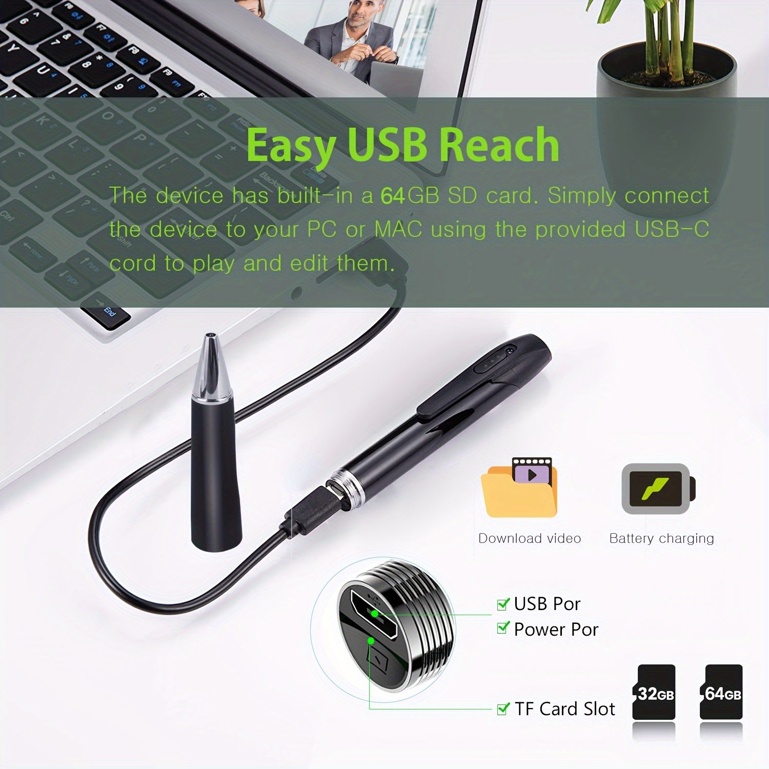 1pc HD 1080P Pen Camera, 64GB Memory Card Included, Portable Mini Surveillance & Security Nanny Cam, Easy-to-Use, For Home Office Meeting Recording, Indoor/Outdoor Use - Veloxea