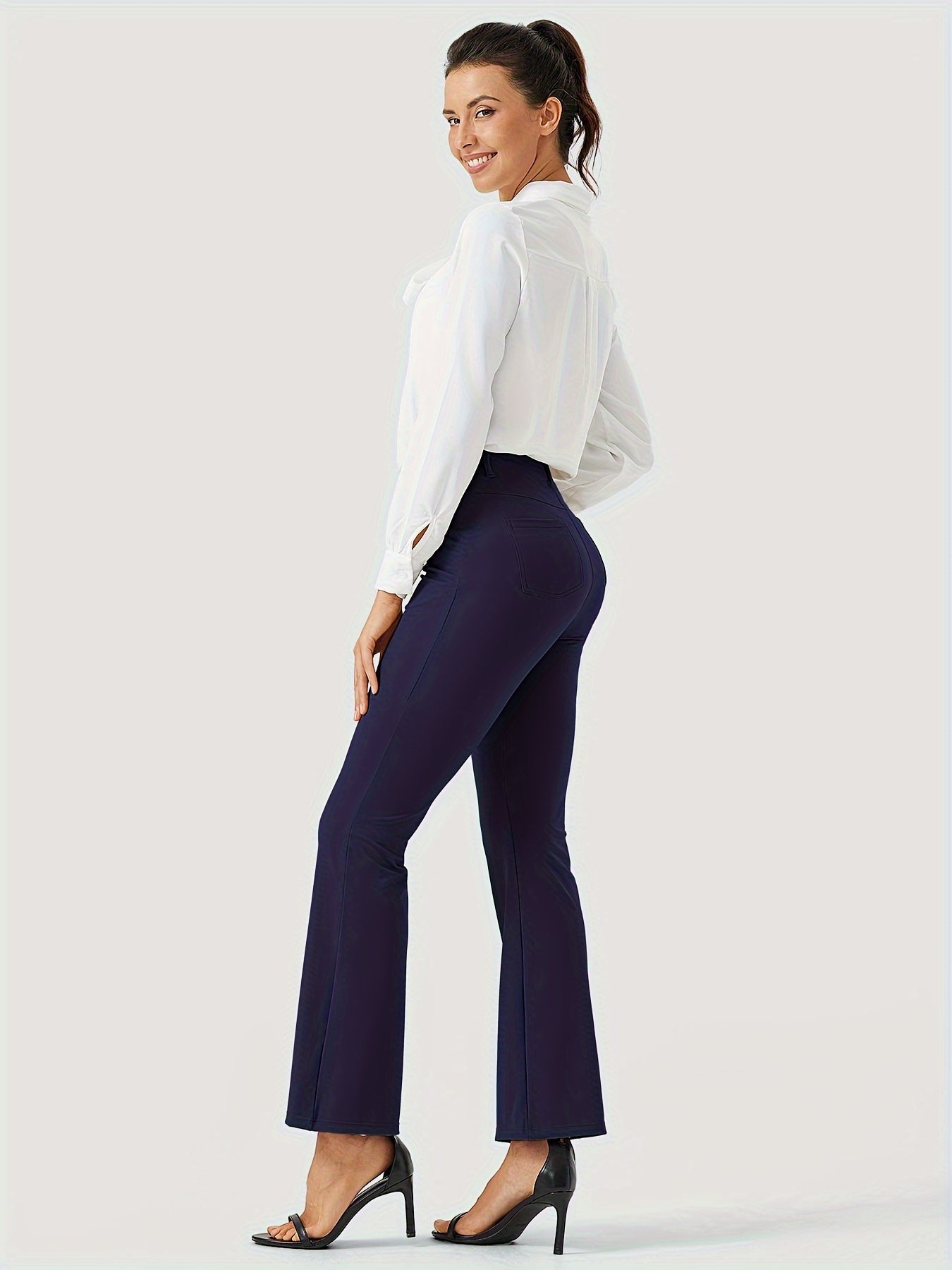 Women's Yoga Dress Work Pants Lightweight Slacks Stretch Casual Office Flare Pants Wide Leg With Belt Loops 4 Pockets - Veloxea