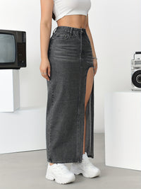 Women's High-Waisted Split Denim Skirt, Sexy Long Plain Maxi Jean Skirt With Side Slit, Vintage Style Fashion, Casual Streetwear - Veloxea