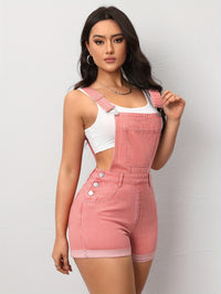 Women's Casual Pinkish Pastel Color Denim Overalls, Shortalls With Pocket Detail, Buttoned Straps, Summer Fashion, Adjustable Fit - Veloxea