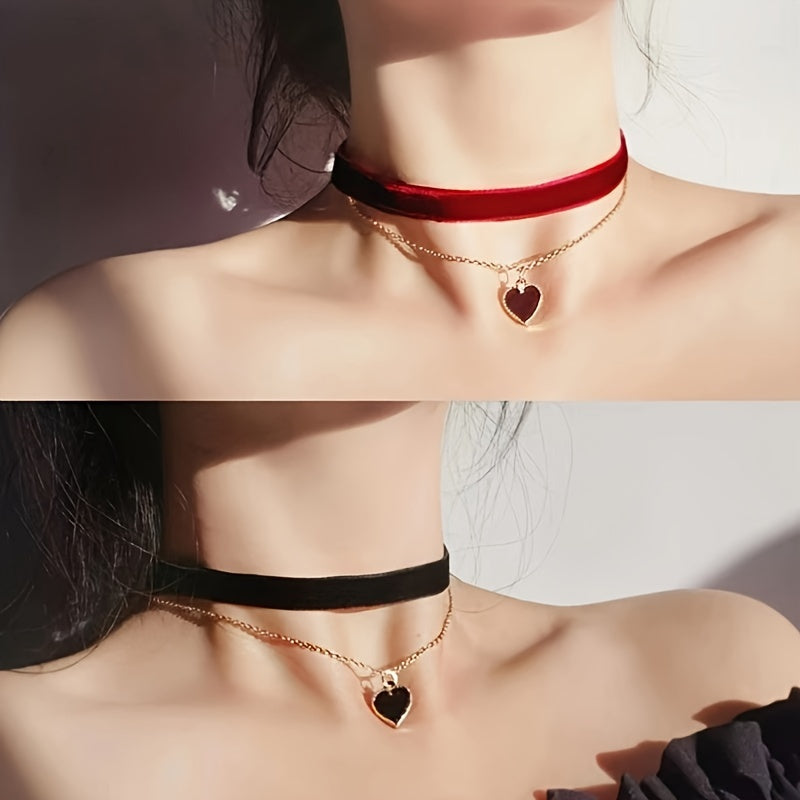 Elegant 2pcs Velvet Choker Necklace Set with Heart Pendant, Fashionable & Sexy No-Plating Jewelry for Women, Ideal for Daily Wear & Valentine's Day Gift, All-Season Polyester - Veloxea