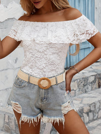 Floral Pattern Off Shoulder Lace T-shirt, Elegant Slim Top For Spring & Summer, Women's Clothing - Veloxea