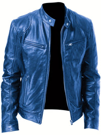 2023 Autumn And Winter New Zipper Cardigan Pocket PU Leather Small Stand Collar MotorcycleJacket Coat Men's Coat - Veloxea