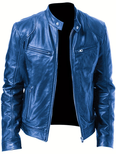 2023 Autumn And Winter New Zipper Cardigan Pocket PU Leather Small Stand Collar MotorcycleJacket Coat Men's Coat - Veloxea