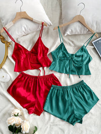 2 Sets Women's Elegant Solid Satin Pajama Set, Bow Tie Front V Neck Crop Cami Top & Shorts, Comfortable Relaxed Fit, Summer Nightwear - Veloxea