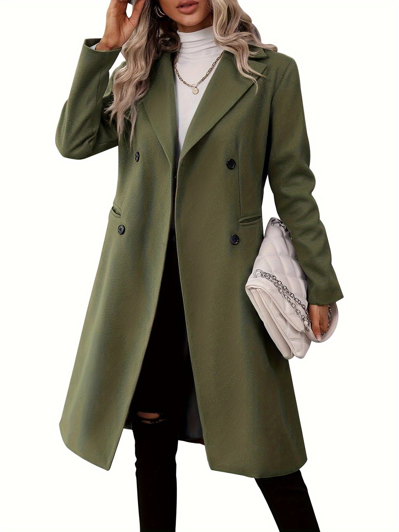Double-Breasted Lapel Collar Pea Coat, Elegant Mid Length Long Sleeve Outerwear For Fall & Winter, Women's Clothing - Veloxea