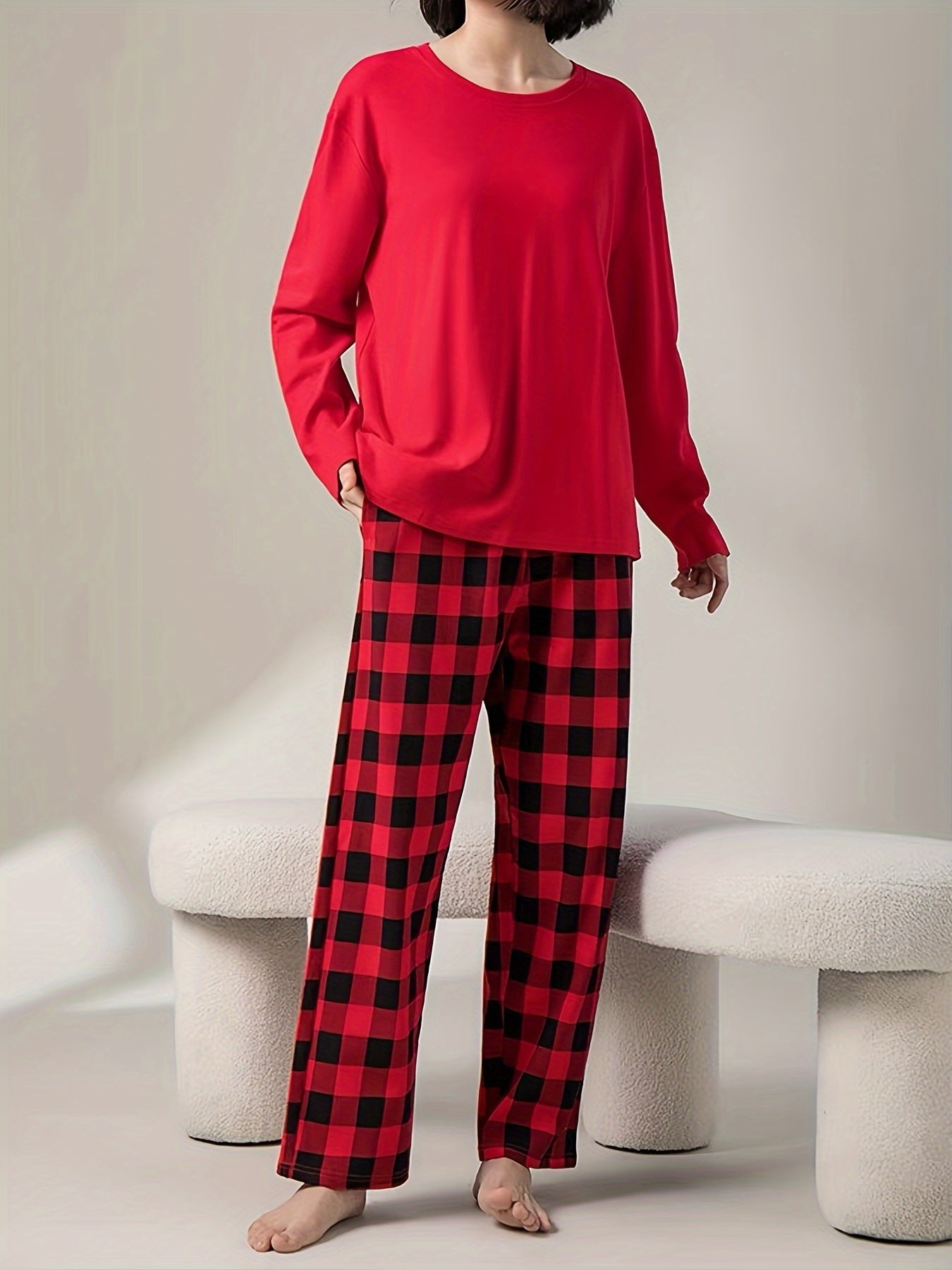Plaid Print Pajama Set, Long Sleeve Crew Neck Top & Elastic Waistband Plaid Pants, Women's Sleepwear & Loungewear