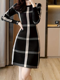 Plaid Pattern Midi Dress, Casual Crew Neck Long Sleeve Dress, Women's Clothing